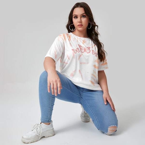 

Plus Tie Dye Butterfly Print Tee, White