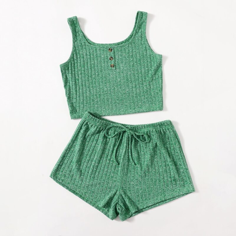 

Solid Button Ribbed Lounge Set, Green