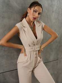 Glamaker 紐扣細節腰帶連身長褲 - 杏色 - 查看 5