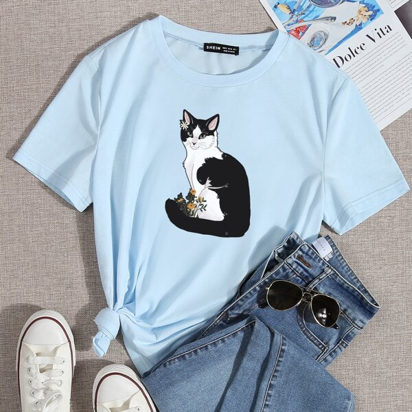 

Cat Print Round Neck Tee, Baby blue