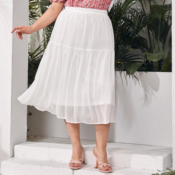 

Plus Elastic Waist Ruffle Hem Skirt, White