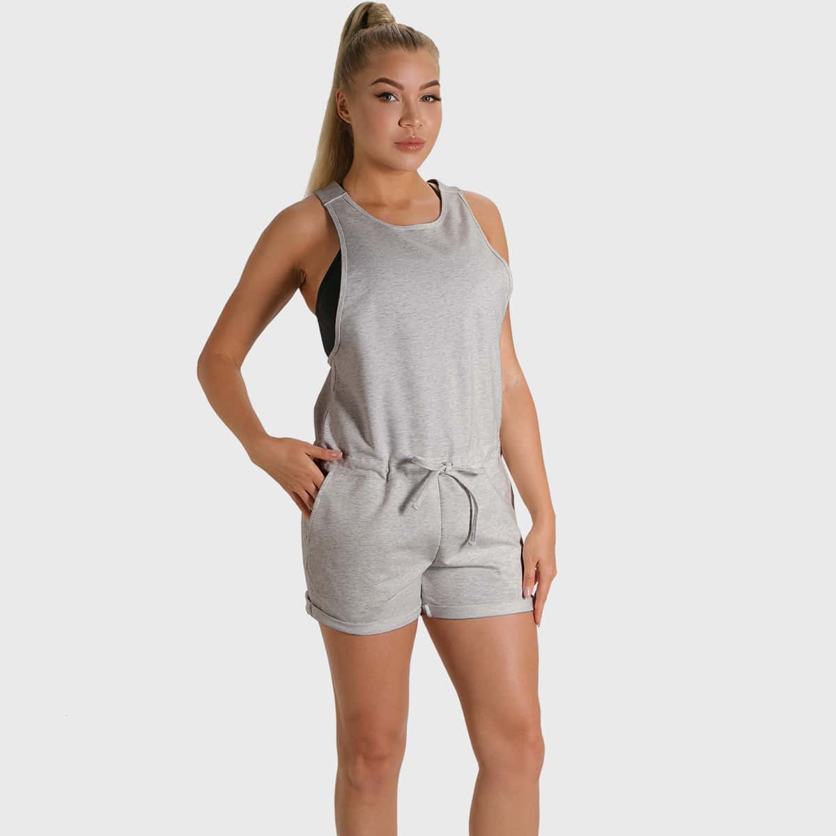

Slant Pocket Overall Sports Romper, Light grey