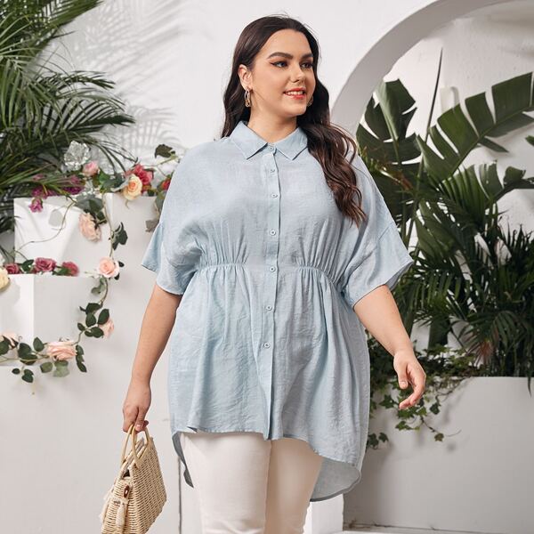 

Plus Solid High Low Blouse, Dusty blue