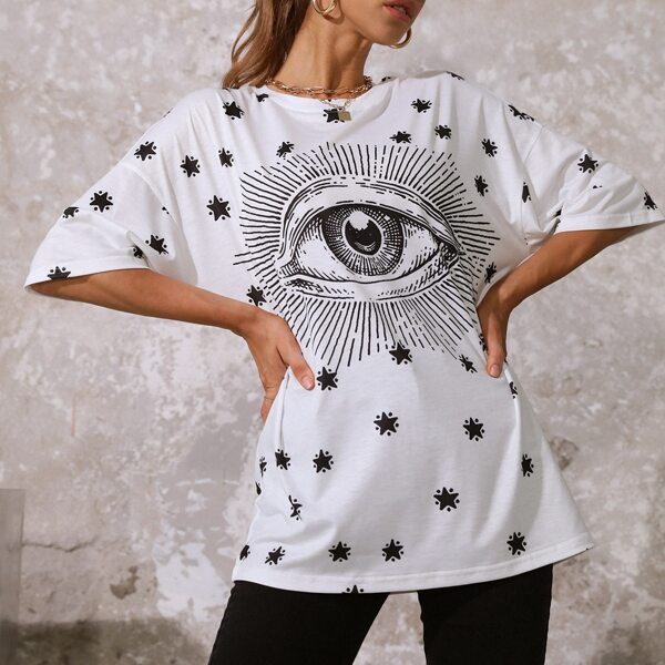 

Eye And Star Print Drop Shoulder Longline Tee, White