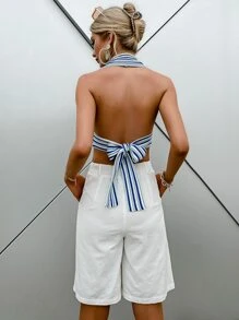 Sollinarry Tie Back Striped Halter Knit Top - Blue and White - View 2