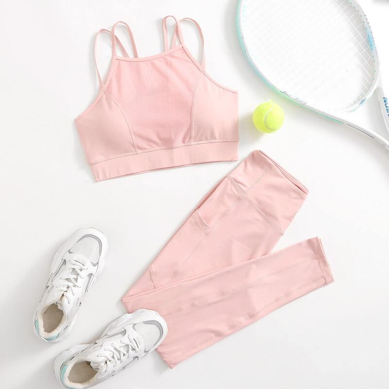 

Solid Sports Bra & Leggings With Phone Pocket, Baby pink