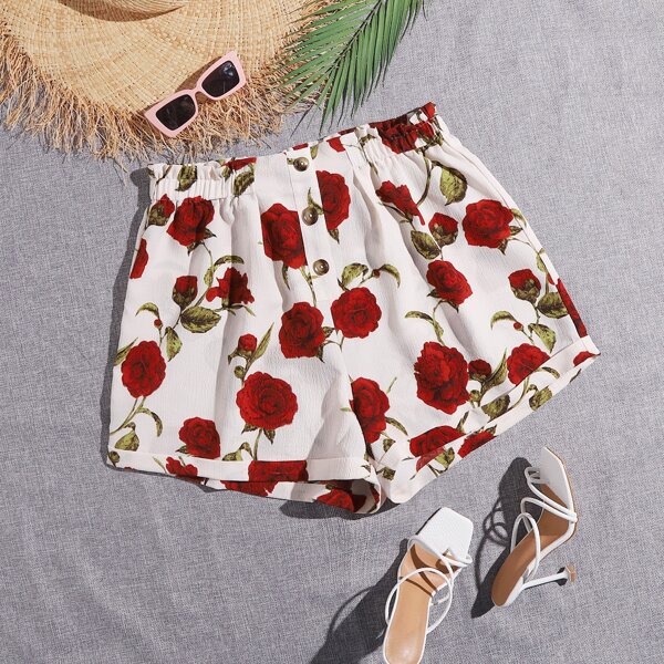 

Plus Rolled Hem Floral Shorts, Multicolor