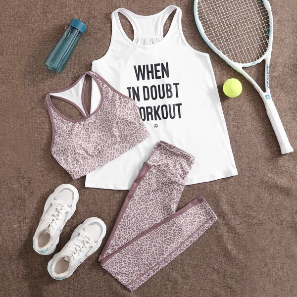 

3pcs Sports Bra & Slogan Graphic Tank Top & Leggings, Multicolor