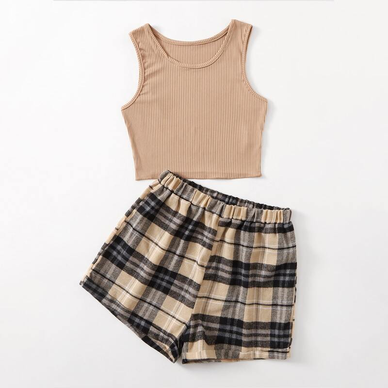 

Ribbed Tank Top & Plaid Shorts, Multicolor