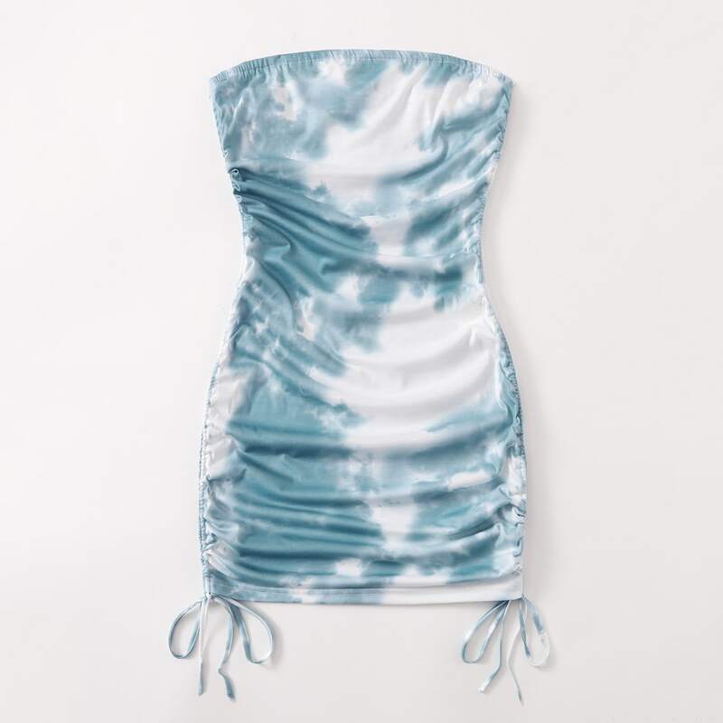 

Tie Dye Drawstring Ruched Bodycon Dress, Blue and white