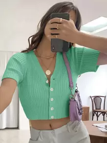 SHEIN Qutie كارديجان محبوك مضلع وبازرار امامي - أخضر - مشاهدة 1