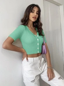 SHEIN Qutie كارديجان محبوك مضلع وبازرار امامي - أخضر - مشاهدة 3