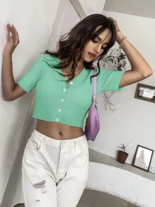 SHEIN Qutie كارديجان محبوك مضلع وبازرار امامي - أخضر - مشاهدة 4