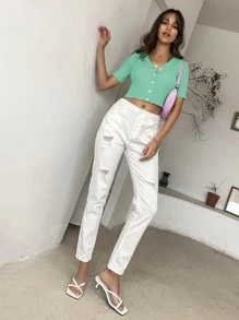 SHEIN Qutie كارديجان محبوك مضلع وبازرار امامي - أخضر - مشاهدة 6