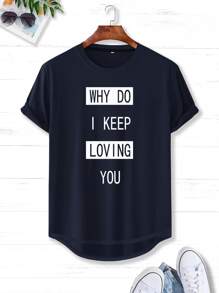 Manfinity Men Slogan Print Curved Hem Tee - Navy Blue - View 1