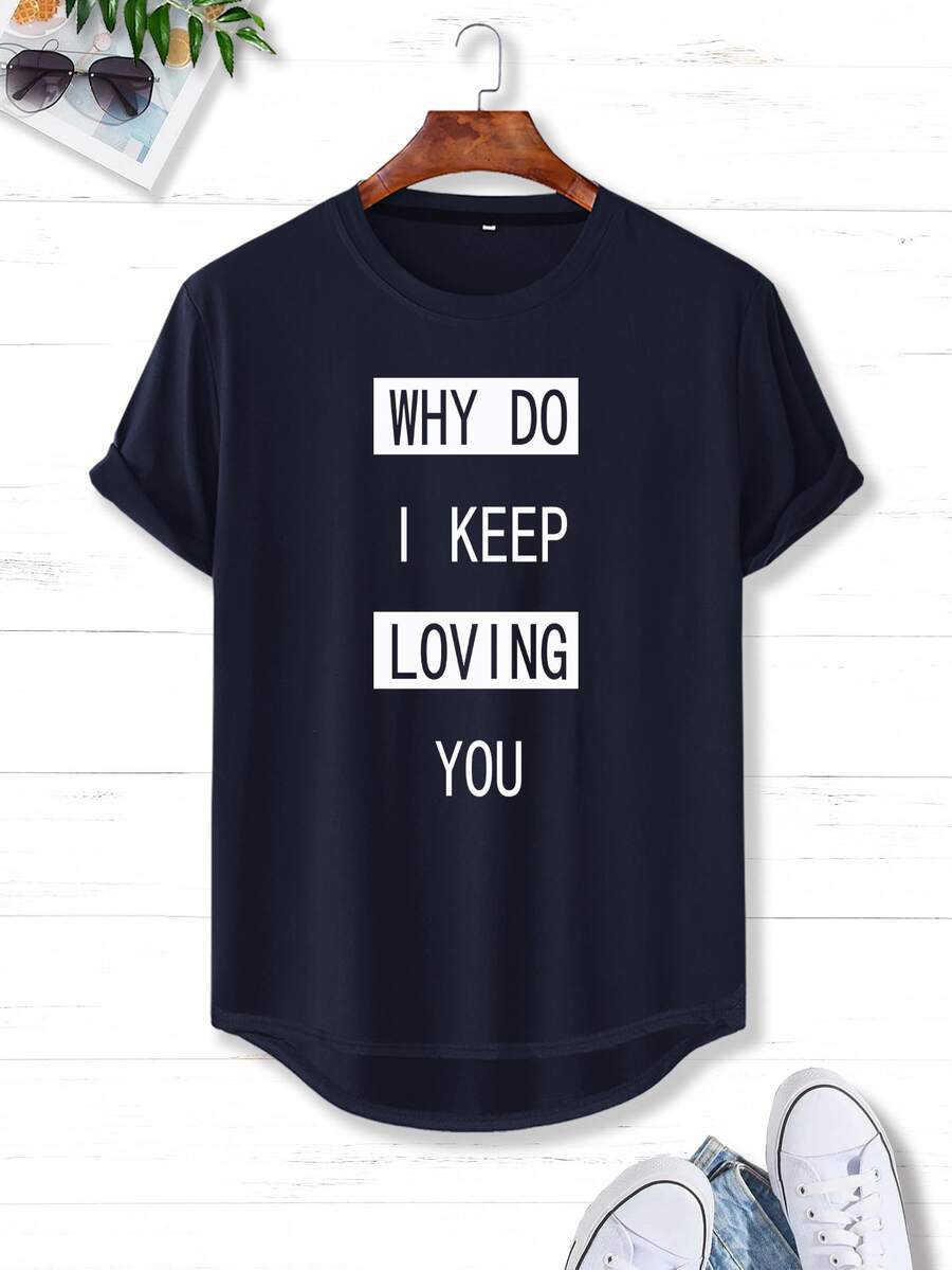 Manfinity Men Slogan Print Curved Hem Tee - Navy Blue - View 1