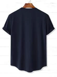 Manfinity Men Slogan Print Curved Hem Tee - Navy Blue - View 2