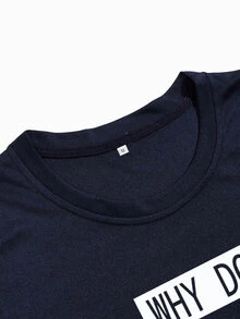 Manfinity Men Slogan Print Curved Hem Tee - Navy Blue - View 4