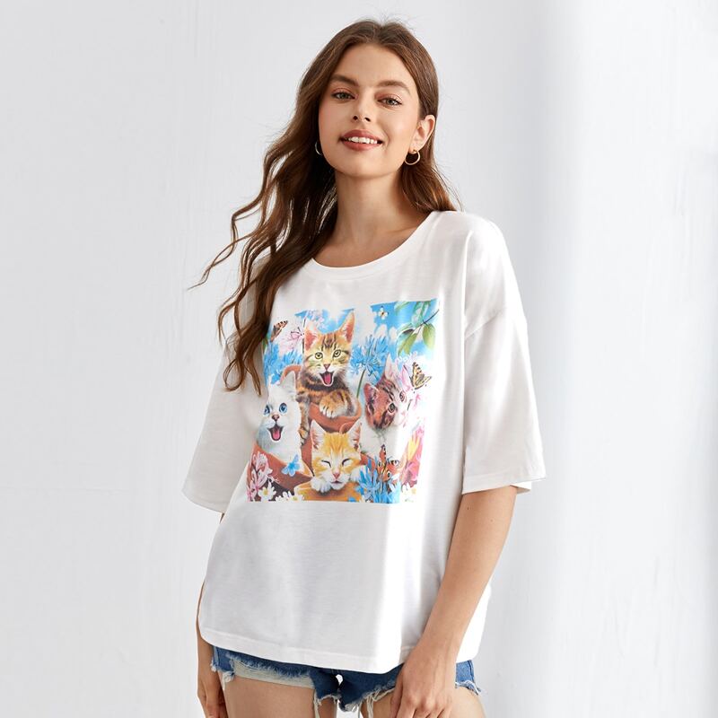 

Cat Graphic Oversized Tee, White