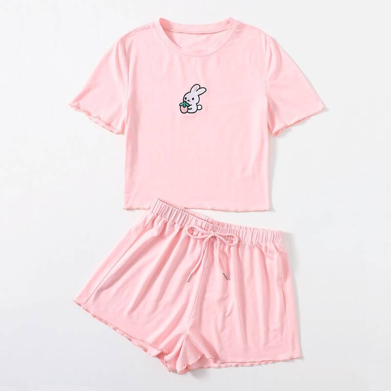 

Rabbit Embroidery Tee & Tie Front Shorts, Pink