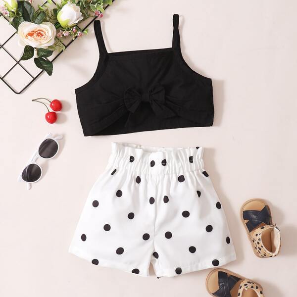 

Toddler Girls Bow Cami Top & Polka Dot Shorts, Black and white