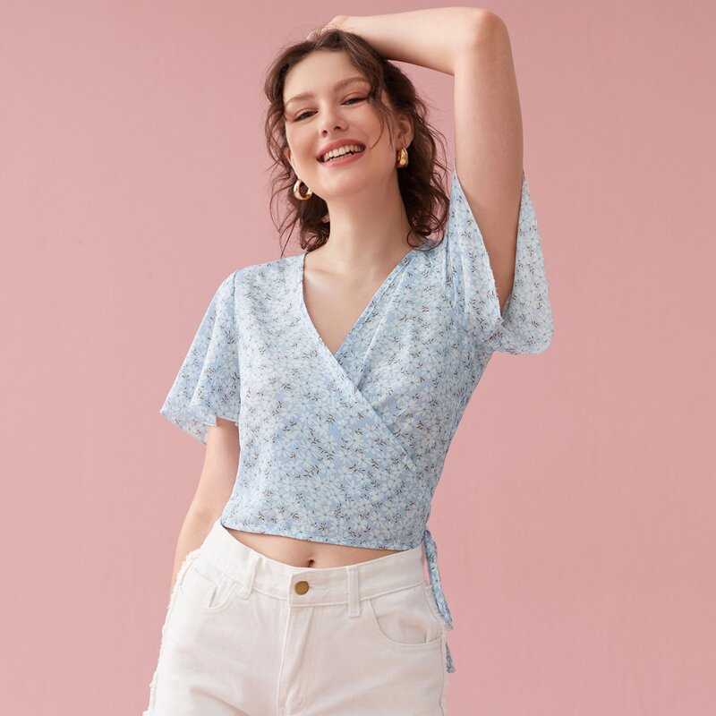 

Ditsy Floral Wrap Crop Blouse, Blue