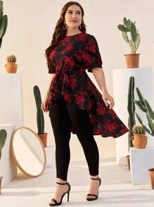 SHEIN Clasi Áo sơ mi Plus Size Dây kéo Hoa Thanh lịch - Nhiều màu - Xem 2