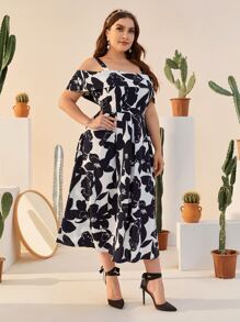 SHEIN Clasi Đầm Plus Size Dây kéo Hoa Thanh lịch - Xanh và trắng - Xem 1