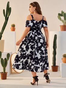 SHEIN Clasi Đầm Plus Size Dây kéo Hoa Thanh lịch - Xanh và trắng - Xem 2