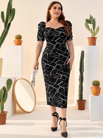 فستان جرافيك بأكمام منفوخة وياقة مفتوحة على شكل قلب وفتحة طرف مقاس كبير