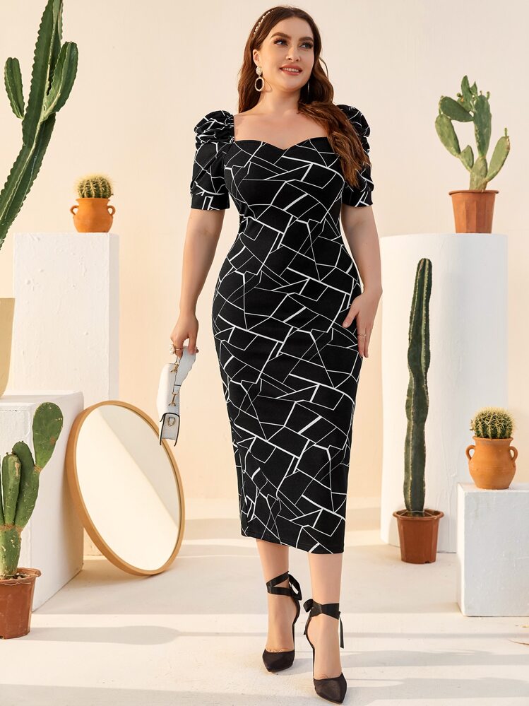 SHEIN Clasi 大碼雞心領泡泡袖開衩下擺圖案洋裝 - 黑色 - 查看 1