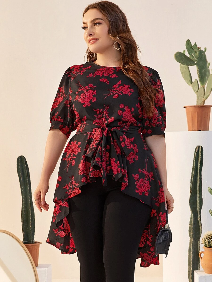 SHEIN Clasi Áo sơ mi Plus Size Dây kéo Hoa Thanh lịch - Nhiều màu - Xem 1