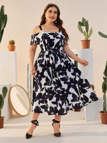 SHEIN Clasi Đầm Plus Size Dây kéo Hoa Thanh lịch - Xanh và trắng - Xem 3
