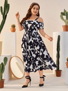 SHEIN Clasi Đầm Plus Size Dây kéo Hoa Thanh lịch - Xanh và trắng - Xem 4