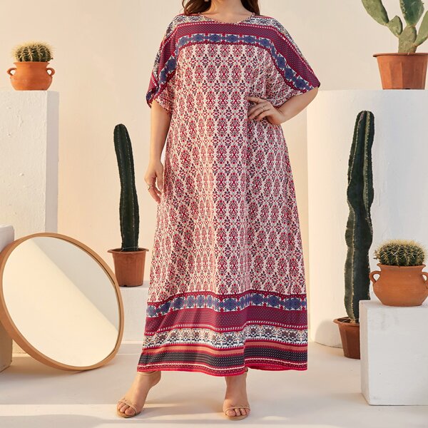 

Plus Batwing Sleeve Floral & Striped Print Dress, Multicolor