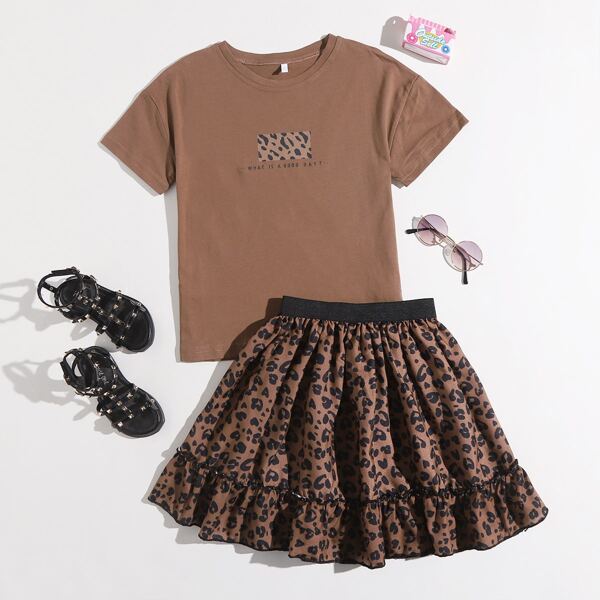 

Girls Slogan And Leopard Tee & Skirt, Coffee brown