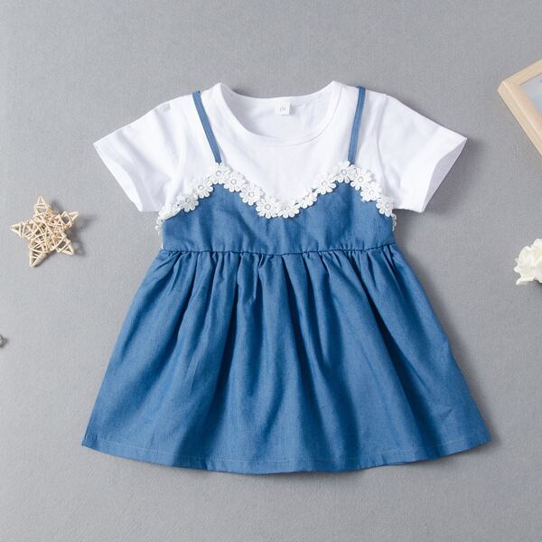 

Toddler Girls Flower Applique 2 In 1 Denim Dress, Blue and white