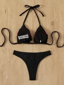 Applique Triangle Bikini Set For Summer Beach Vocation - Black - View 2