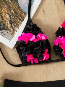 Applique Triangle Bikini Set For Summer Beach Vocation - Black - View 4