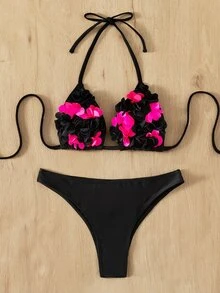 Applique Triangle Bikini Set For Summer Beach Vocation - Black - View 5
