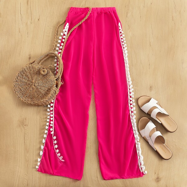 

Pom-pom Trim Cover Up Pants, Hot pink
