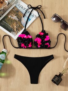 Applique Triangle Bikini Set For Summer Beach Vocation - Black - View 6