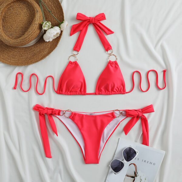 

Ring Linked Triangle Bikini Swimsuit, Watermelon pink