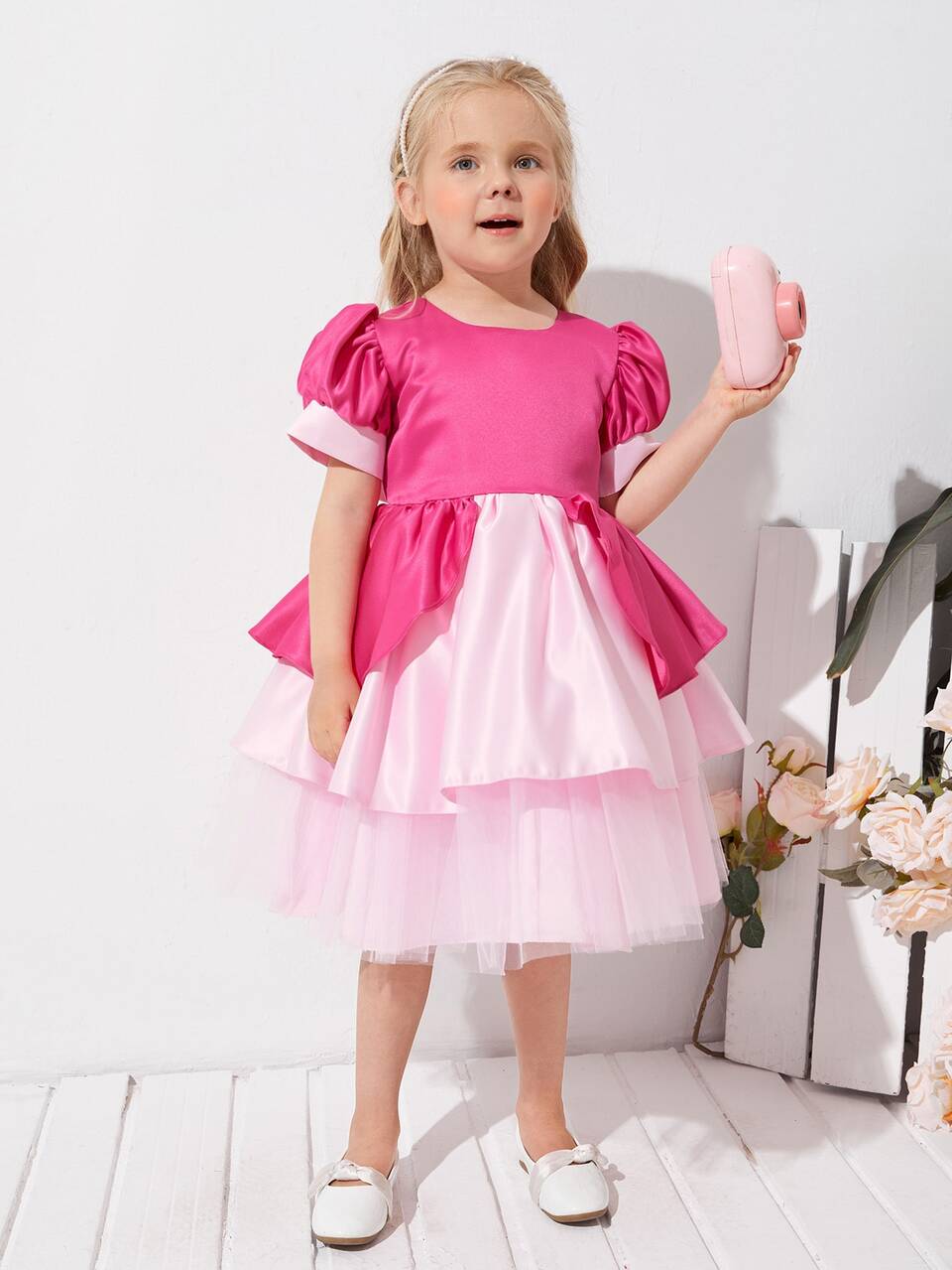Toddler Girls Puff Sleeve Layered Gown Dress