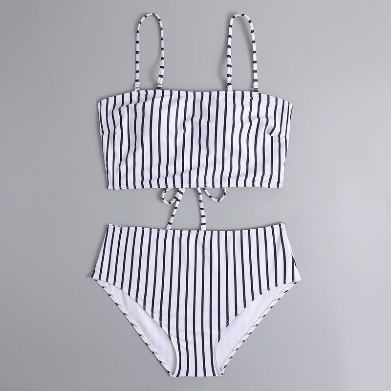 

Stripe Lace-up Back Bikini Swimsuit, Black and white