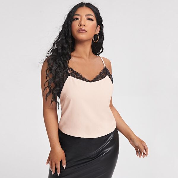 

Plus Contrast Lace Trim Cami Top, Baby pink
