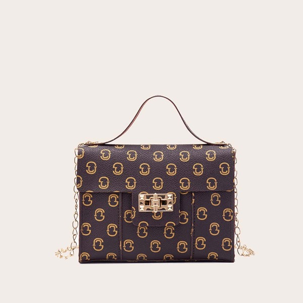 

Allover Graphic Turn-lock Satchel Bag, Coffee brown