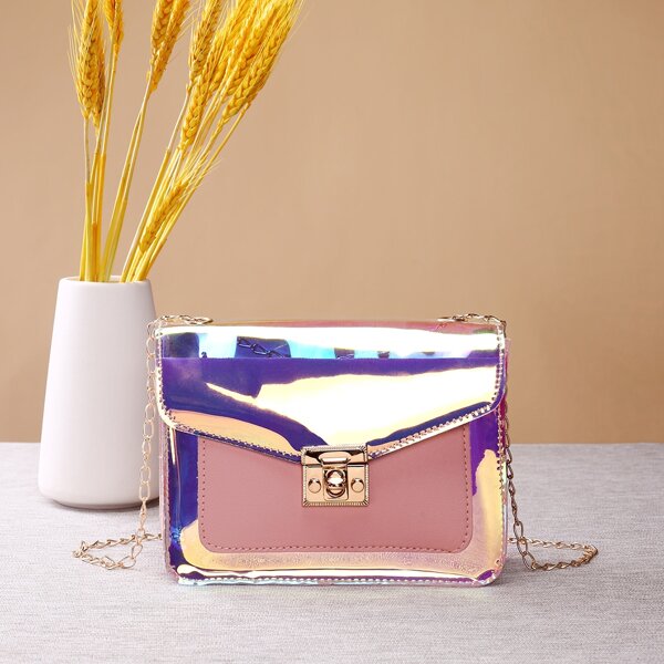 

Holographic Flap Chain Crossbody Bag, Pink