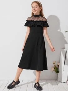 SHEIN 女孩薄透網紗肩部荷葉邊細節洋裝 - 黑色 - 查看 1