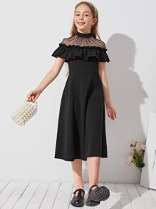 SHEIN 女孩薄透網紗肩部荷葉邊細節洋裝 - 黑色 - 查看 3